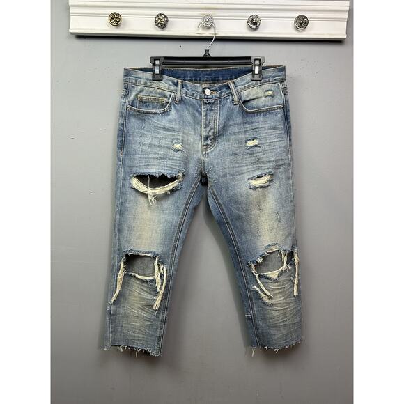 MNML Jeans Mens 32 Distressed Denim Ripped Relaxed Fit Cropped Raw Hem Pants - Picture 1 of 7